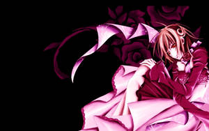 粉紅色頭髮的動漫女孩穿著飄逸的連衣裙，被深色玫瑰環繞。