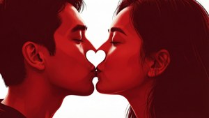 一對情侶在紅光下接吻，嘴唇之間有心形。