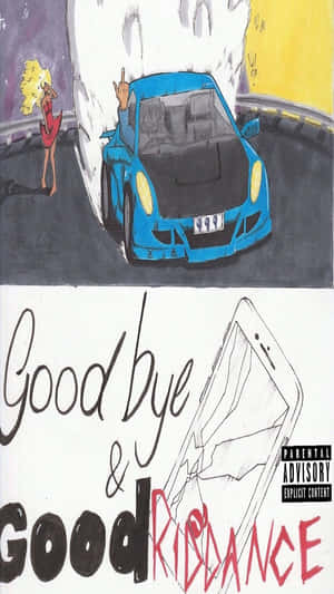 藍色跑車以手勢駛過一位女子，附近有塗鴉牆，上面寫著'Goodbye & Good Riddance'。