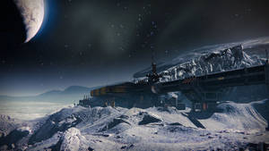 未來風格太空站於積雪外星山上，星空下可見行星