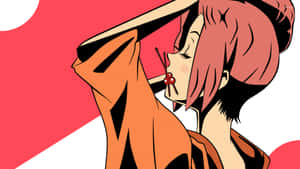 粉紅色頭髮和櫻桃耳環的動漫女孩舉起她的橙色袖子。 — 武士Champloo 壁紙