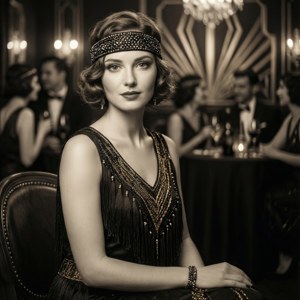 一位穿著1920年代飛女郎服飾的女性坐在地下酒吧桌旁。