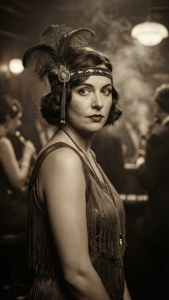 在煙霧繚繞的地下酒吧中，穿著 1920 年代 flapper 連衣裙、戴著羽毛頭帶的女性。