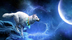 白狼站在冰岩上，凝視著星光宇宙天空中一輪發光的月亮。