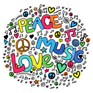 帶有 peace music love 和符號的圓形塗鴉藝術