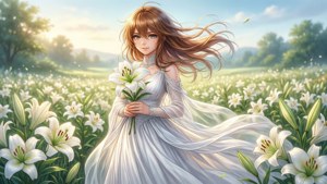 動漫女孩穿白色連衣裙在陽光花園中手持百合