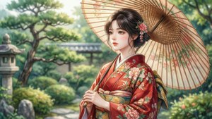 身穿紅色花卉和服的女性在日本花園中手持紙傘