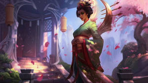 暮光中在神社穿著櫻花和服的動漫女性