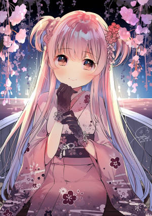 夜晚櫻花下穿著粉紅色和服的動漫女孩