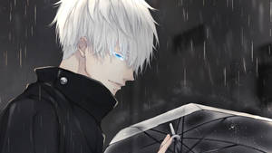 白髮藍眼的動漫角色在雨中撐著雨傘。 — 咒術回戰 壁紙