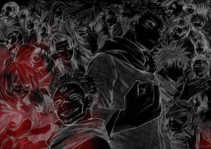 以暗色素描風格繪製的動漫角色，帶有紅色高光。 — 咒術回戰 壁紙