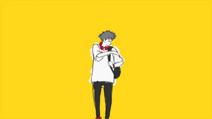 灰色頭髮戴紅色耳機的動畫男孩，雙臂交叉站在黃色背景上。 — 咒術回戰 壁紙