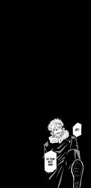 尖刺頭髮的動漫角色咧嘴笑，對話氣泡寫著「HEY」和「DO YOUR BEST MAN」。 — 漫畫分鏡gif 壁紙