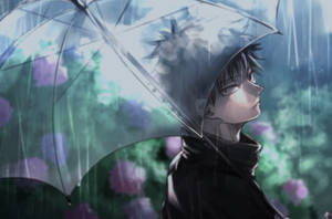 動漫男孩在雨中花園裡拿著透明雨傘，周圍有發光的花朵。 — 咒術回戰 壁紙