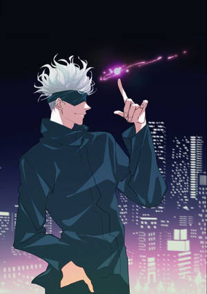動漫角色在夜晚向發光的城市施放紫色魔法。 — 咒術回戰 壁紙