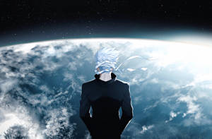 白髮黑外套的動漫角色從太空看著地球。 — 咒術回戰 壁紙