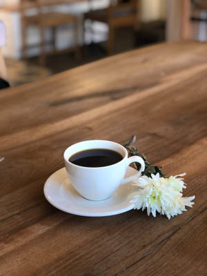 白色咖啡杯和花在咖啡館的木桌上 — 木紋 壁紙