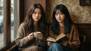 兩位穿著舒適毛衣的女性在復古咖啡館的窗邊啜飲咖啡並閱讀。