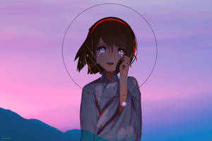 穿著和服的動漫女孩在暮色山巒中哭泣，眼中帶著星星
