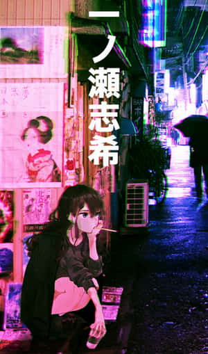 動漫女孩在雨中霓虹燈閃爍的東京小巷中吸煙。 — Tecno Megapad 壁紙