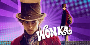 一位戴著高帽、身穿紅色外套的年輕男子，以及顯眼的「Wonka」字樣。