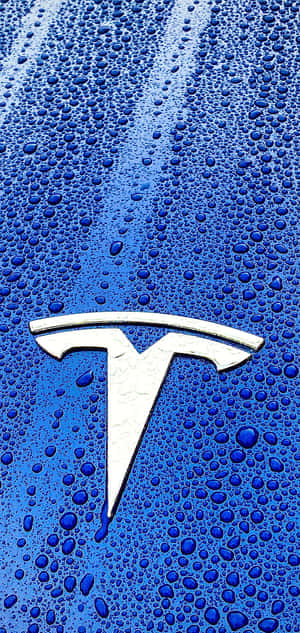 藍色引擎蓋上帶水滴的銀色 Tesla 標誌。