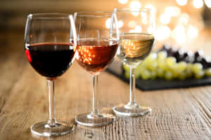 木桌上的三杯酒，後面有葡萄和柔和燈光。