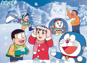 多啦A夢和朋友們享受雪花飄落的冬日。
