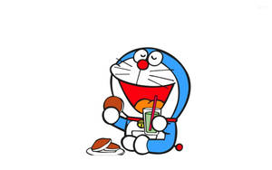 多啦A夢面帶笑容享受飲品同三文治。 — 簡約美學 壁紙