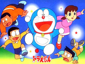 多啦A夢和他的朋友們在星光閃爍的天空中快樂地漂浮，帶著發光的燈光。