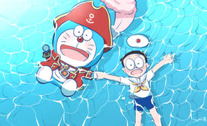 多啦A夢和大雄穿著海盜服裝在泳池中游泳。 — 美人魚 GIF 壁紙