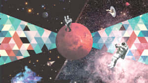 太空人在帶有彩色幾何圖案和發光星雲的紅色行星附近的太空中漂浮。