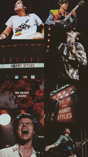 Harry Styles 在明亮的舞台燈光下，手持結他和咪高峰現場演出。 — 拼貼 GIF 壁紙