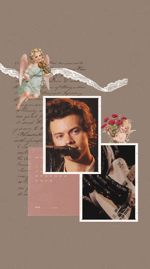 Harry Styles 的拼貼畫，有結他、復古天使和玫瑰，棕色背景。 — 美學拼貼 壁紙