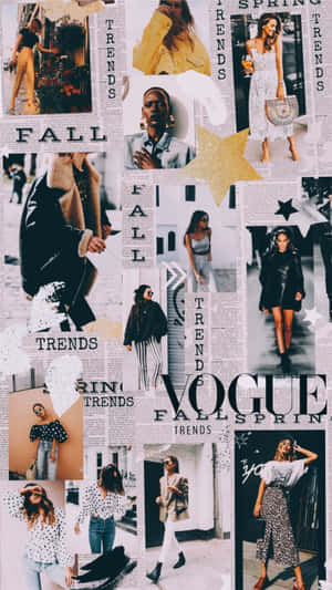 時尚拼貼，模特兒演繹秋季潮流，以報紙背景襯托，並帶有 Vogue 文字。