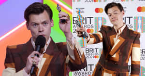 Harry Styles 在全英音樂獎上手持獎盃和咪高峰，身穿條紋西裝 — 哈利波特 美學 GIF 壁紙