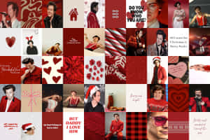 Harry Styles 穿著節日服裝，以及帶有紅白心形和文字的聖誕主題拼貼畫。