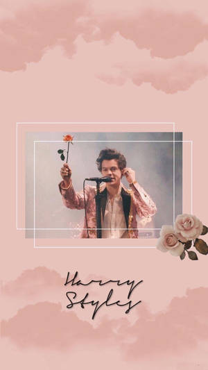 Harry Styles 對著咪高峰唱歌，手持玫瑰，背景是粉彩水彩。 — 美學哈利波特gif 壁紙