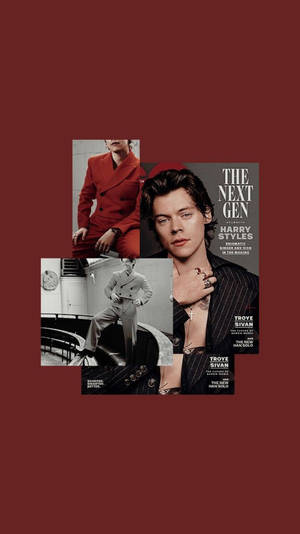 Harry Styles 和 Troye Sivan 穿著時尚西裝的雜誌封面，背景為紅色。 — 美學哈利波特gif 壁紙