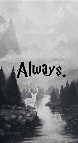 霧林中的河邊鹿與山脈，以及「Always」一詞。