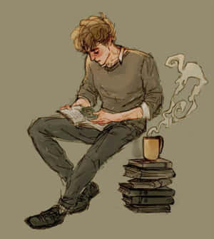年輕男子看書，旁邊有一杯冒著熱氣的杯子放在書堆上 — Honor Magic V 壁紙