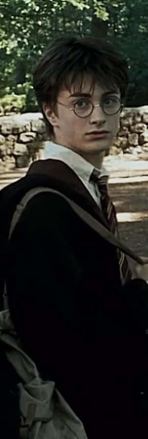 哈利波特穿著霍格華茲制服，背著背包，在戶外靠近石牆。