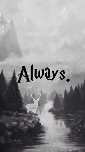 一隻鹿在霧氣瀰漫的森林河邊，有山脈和Always字樣。 — 美學哈利波特gif 壁紙