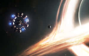 未來太空站圍繞黑洞運行，帶有發光吸積盤同細行星。
