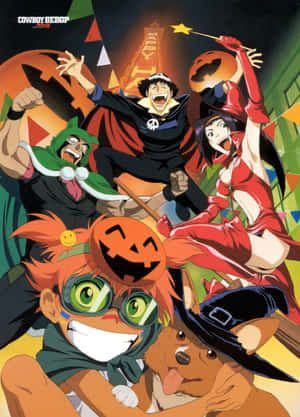 Cowboy Bebop 船員穿著萬聖節服裝，在霓虹城市中與南瓜合影。