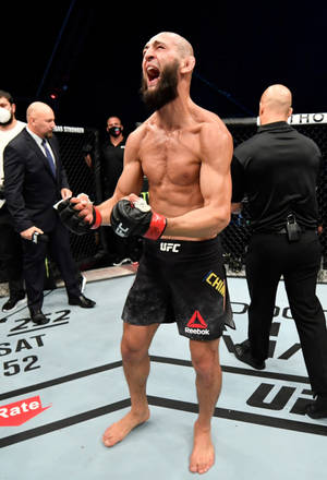 MMA選手在UFC八角籠中高舉雙臂慶祝勝利。