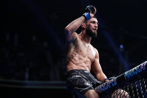 一位勝利的MMA鬥士在比賽後於籠中舉起手。 — 動態 壁紙