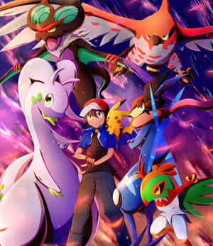 訓練師與比卡超和五隻寶可夢在宇宙戰鬥場景中。 — Galaxy Z Fold 壁紙