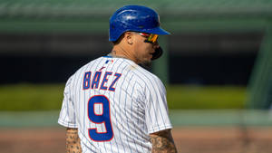 棒球選手 Javier Baez 穿著條紋制服，背號9號，在球場上。
