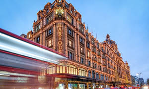 暮色中 Harrods 百貨公司亮起燈光，一輛紅色巴士駛過。 — 藍天 壁紙